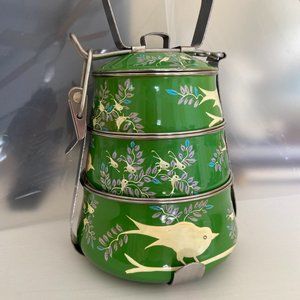 Vintage Hand-painted enamelware Tiffin carrier lunch box ware 3 layers Container